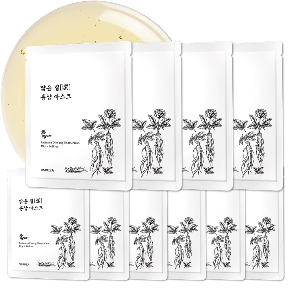 [varuza] Real Natural Sheet Mask – EWG VERIFIED, Vegan Face Mask for Hydration & Skin Balance, Biodegradable Sheet, Clean Beauty Skincare (Radiance Ginseng [10 PACK])