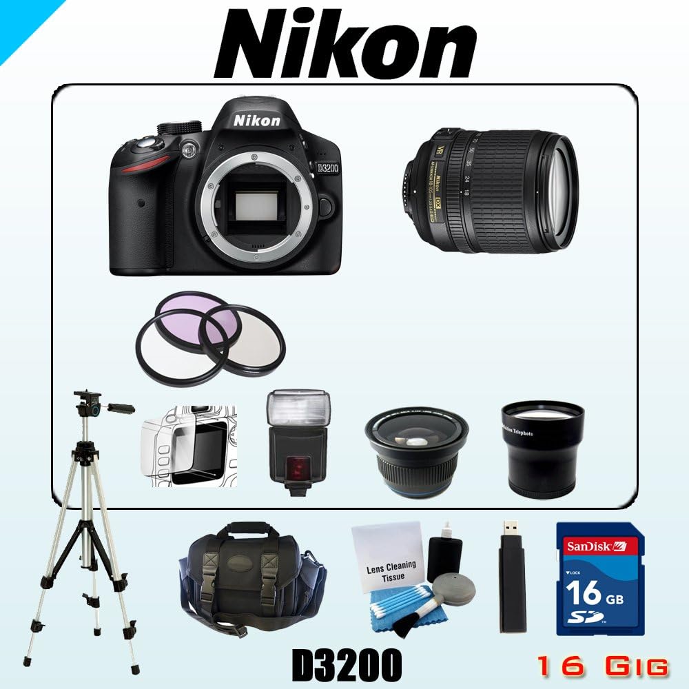 Nikon 24MP D3200 Bundle - Includes Nikon AF-S DX NIKKOR 18-105mm f/3.5-5.6G ED VR - 16GB SDHC Memory Card - USB Memory Card Reader - 3 Piece Lens Filter Kit - Spare Lithium Battery - Digital Flash - Lens Cleaning Kit - Full Size Tripod - Carrying Case