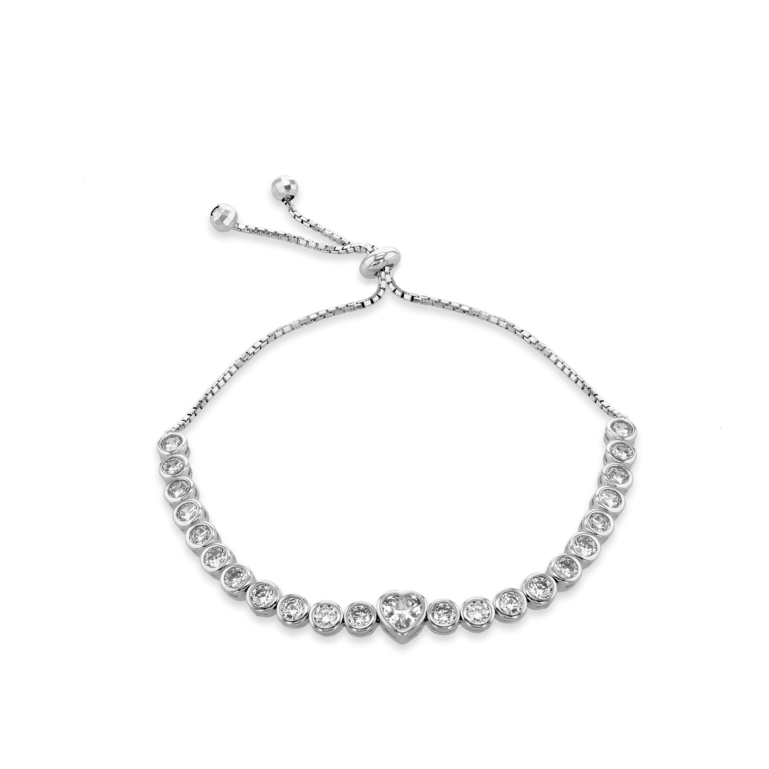 Tuscany Silver Women's Sterling Silver Rhodium Plated Cubic Zirconia Heart Adjustable Box Chain Slider Bracelet, 20 cm/8 Inch