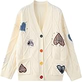 FindThy Women's Embroidered Heart Cardigan Sweater Button-Down Knitted Graphic Cardigan Coat Y2K Sweater with Pockets