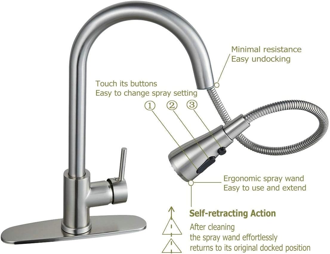 Pull Out Kitchen Sink Faucets, Single Handle Deck Mount, Kitchen Faucets with Pull Down Sprayer High Arc Brushed Nickel - - 