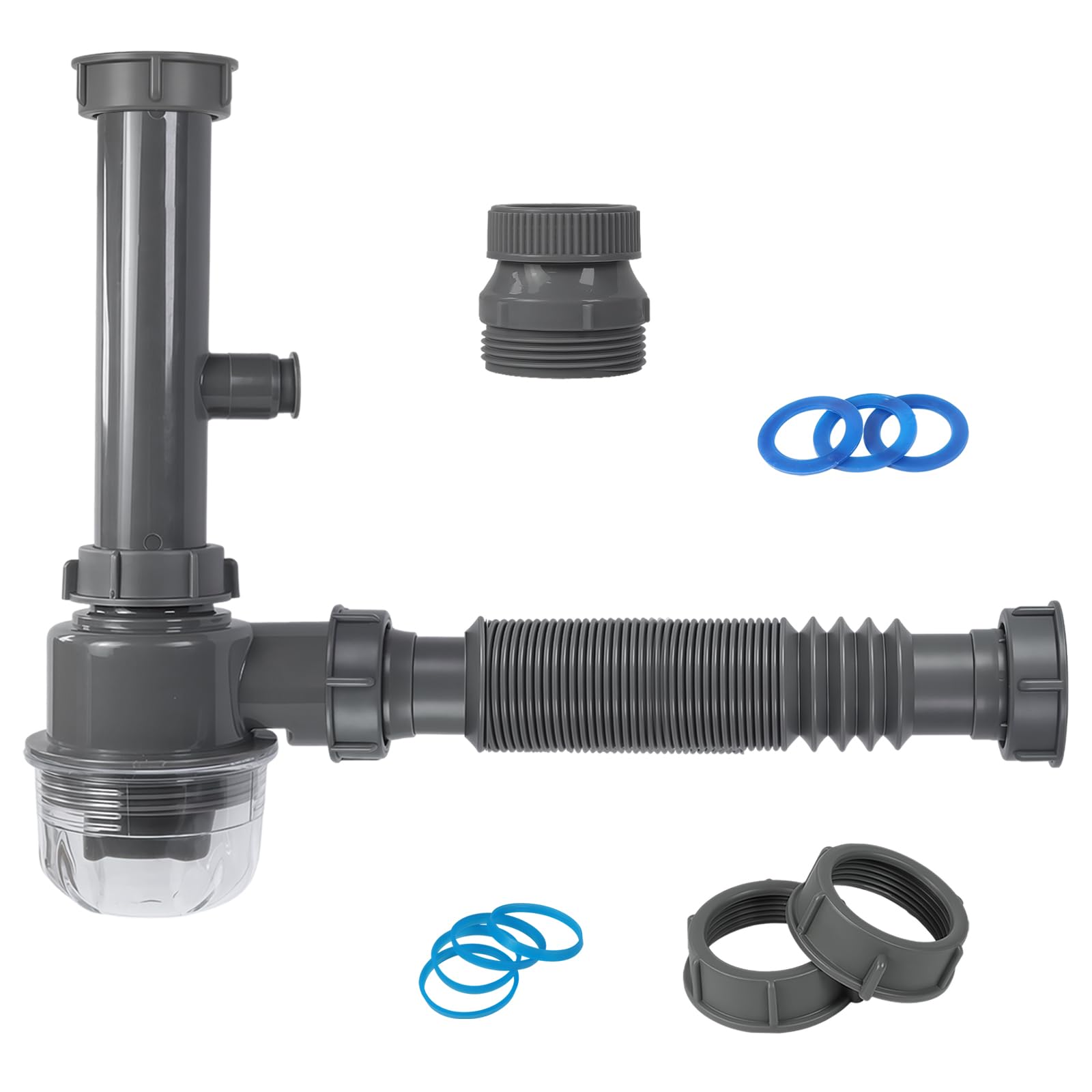 Photo 1 of 1-1/4" & 1-1/2" PVC Bottle Trap Plumbing Kit with Threaded Adapter?Adjustable P-Trap Replacement with Flexible Tailpiece?Under Sink Drain Kit for Bathroom, Kitchen, Bar & RV