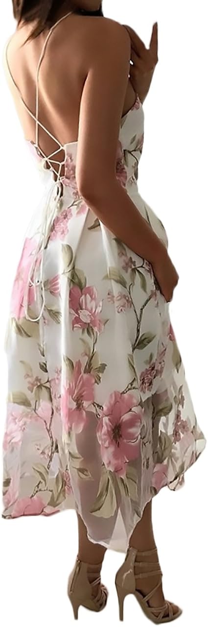 Midikleid Damen Blumenprint A-Linie - Ärmellos Sommerkleid Vorne Kurz Hinten Lang Mit Rüschen
