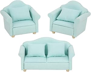 Yinuoday Dollhouse Accessories and Furniture Sets 1:12 Scale Wooden Miniature Doll House Sofa Kit with Pillow Mini Toy Couch Chairs for Living Room