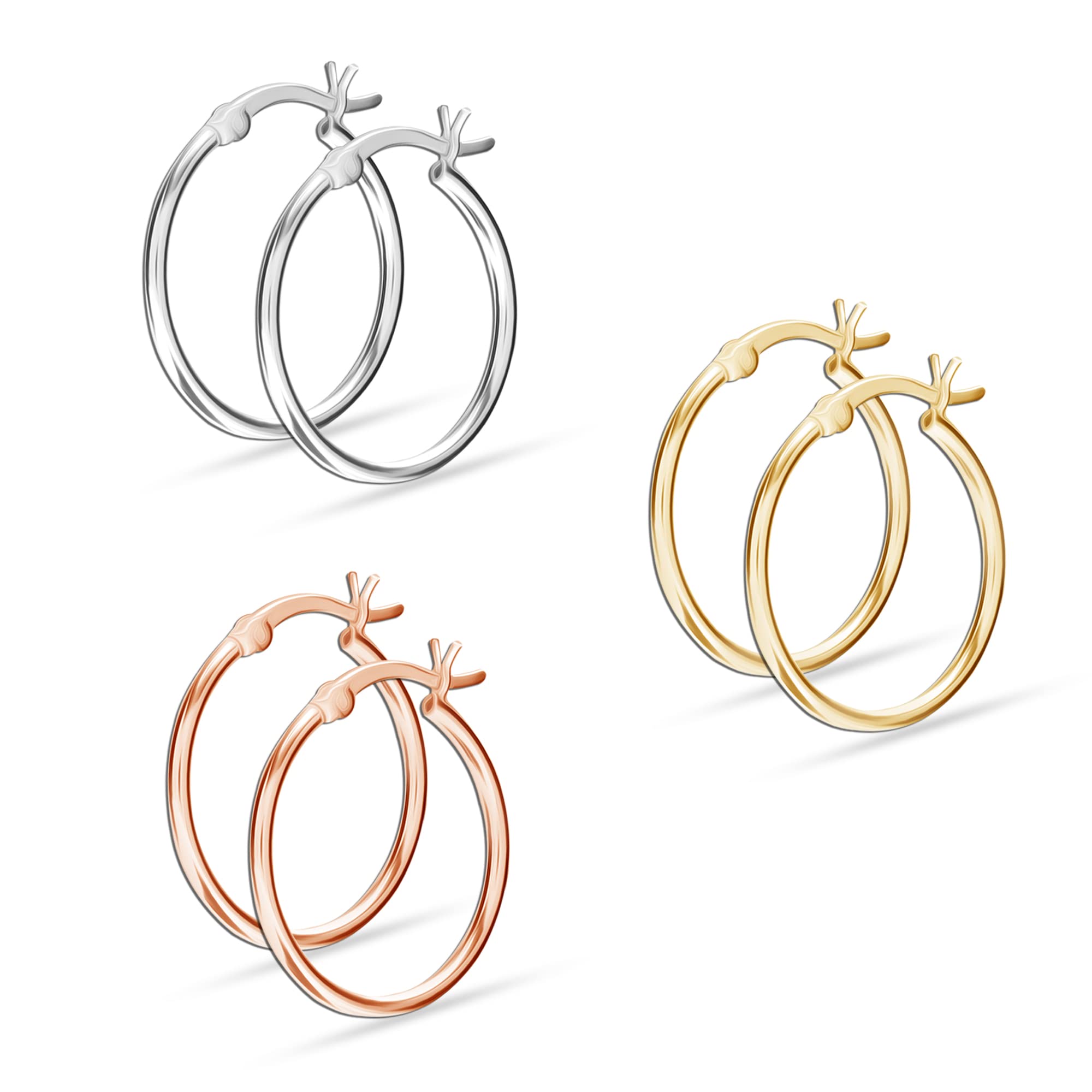 LeCalla 925 Sterling Silver Set of 3 Pairs Click-Top 3 Colors Hoop Earrings for Teen Women 25MM