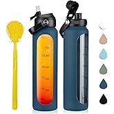 SIEROZUR 32 oz glass water bottle - 1 Litter Motivational Tumbler With Time Marker - Borosilicate Glass Water Bottles With Silicone Sleeve and 2 Lids - Handle Spout Lid & Silicone Straw Lid