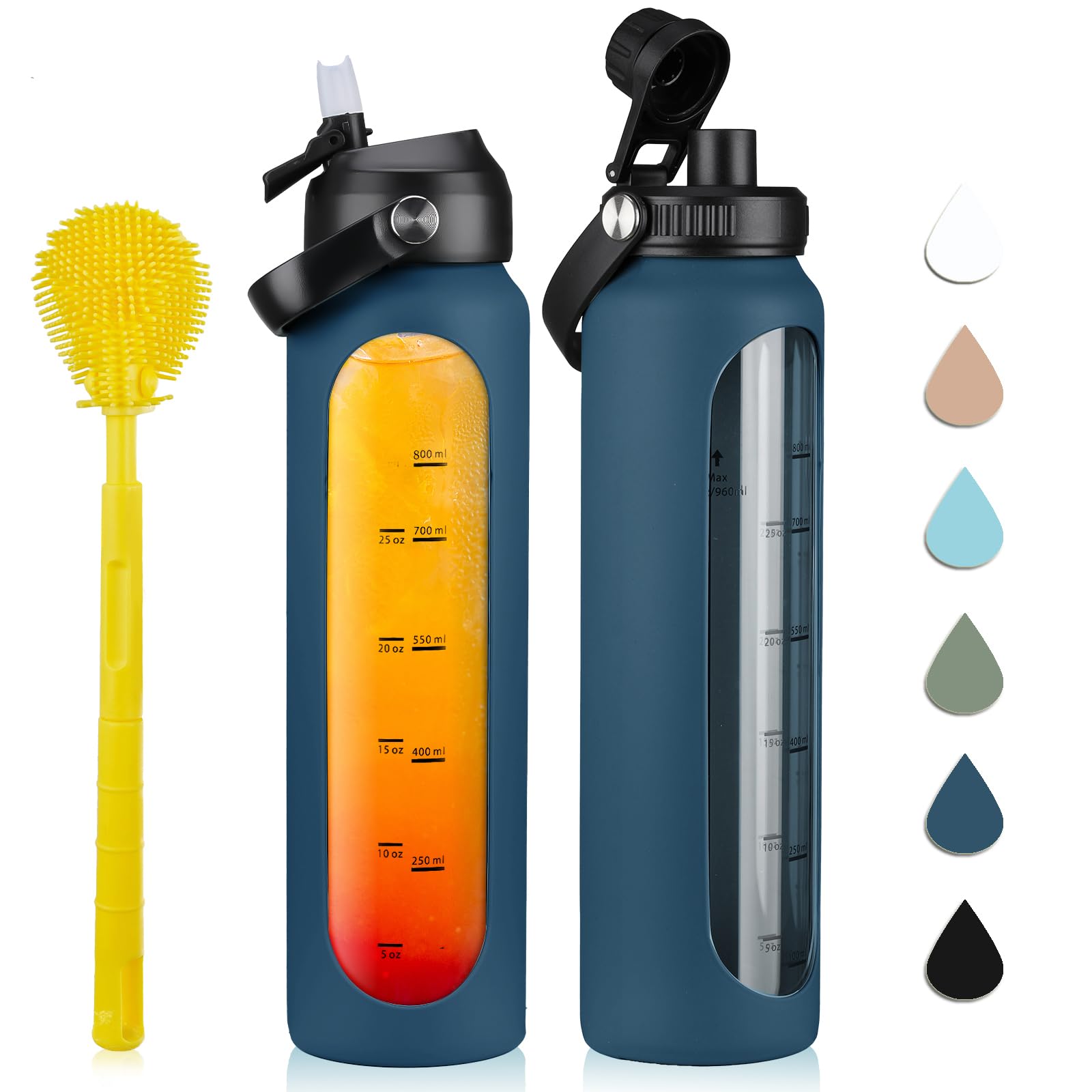 32 oz Glass Water Bottles with 2 Lids-Handle Spout Lid & Straw Lid 1 ...