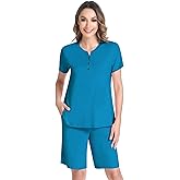 NACHILA Pajamas for Woman-Viscose Made from Bamboo,Short Sleeve Pajama Shorts Set Crew Neck Sleepwear Pleated Pjs Soft Top