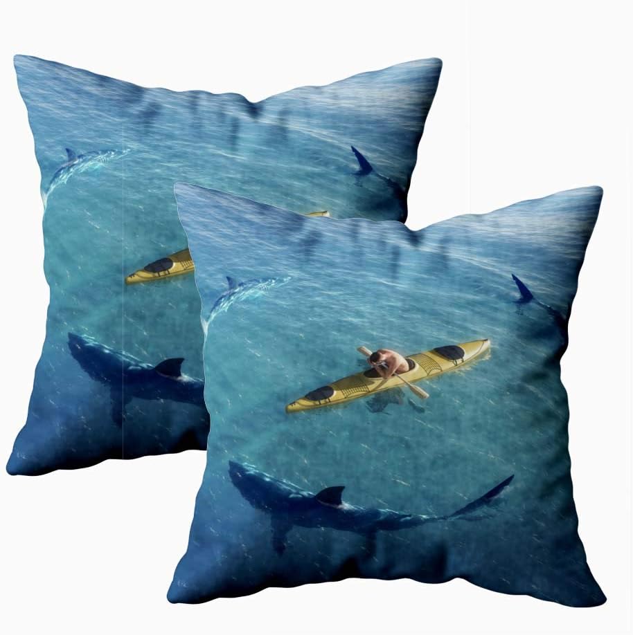 KIOAO Fall Pillow Case, Standard 2Sets 18X18Inch Soft Pillowcase Covers Man in Boat Kayak was The Middle of Ocean Surrounded by Sharks Printed with Both Sides,Christmas Day