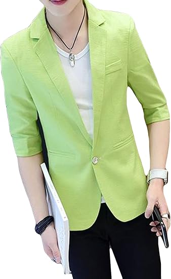 Amazon Debangni メンズ テーラードジャケット 七分袖 夏 薄手 スーツジャケット 無地 シングル 一つボタン ビジネス 紳士服 アウター スリム 着痩せ 洋服 フォーマル 高品質 5色展開グリーンn2 コート ジャケット 通販