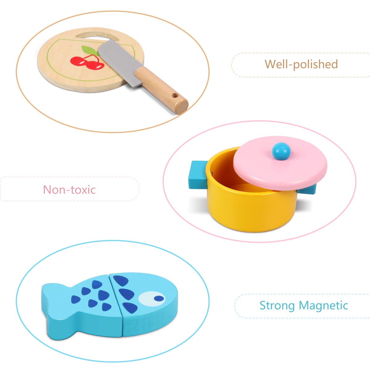 Lydaz Kids Cooking Set, Wooden Kitchen Pretend Play Toys with Cookware Utensils Pots and Pans Set, 11 PCS Play Kitchen Toy Accessories Cutting Magnetic Play Food for Toddlers Girls Boys