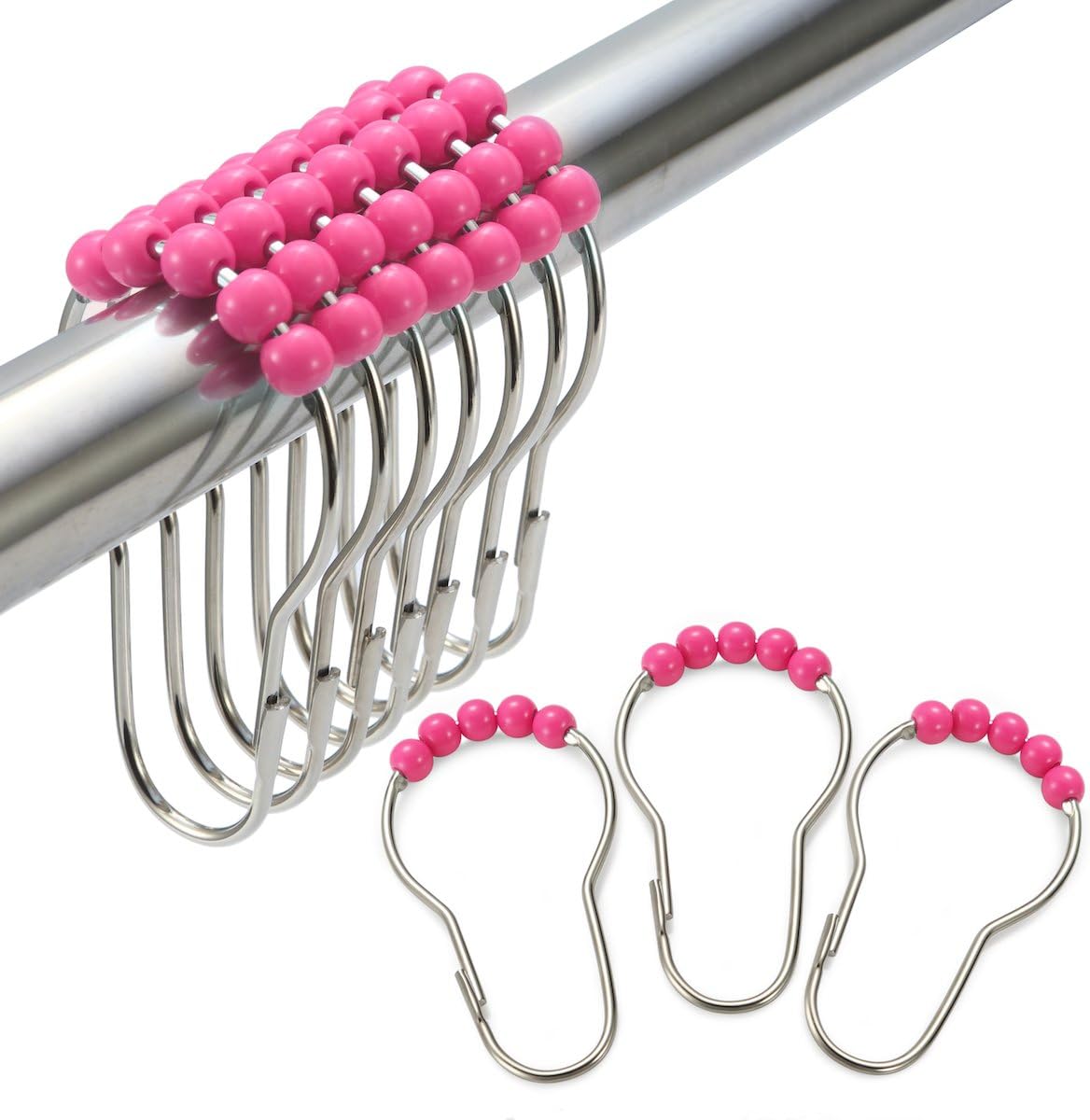 Amazer Shower Curtain Hooks Rings, Stainless Steel Shower Curtain Rings and Hooks for Bathroom Shower Rods Curtains-Set of 12, Magenta