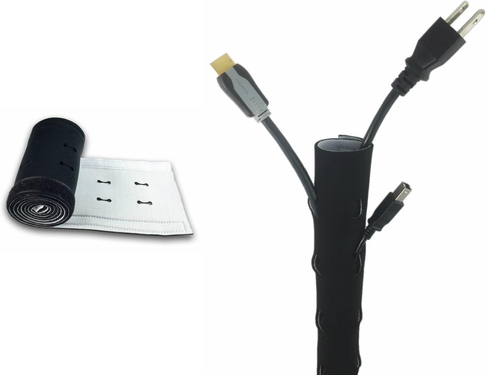 48" Neoprene Cable Management Sleeve with Velcro Strap (Black/White, 1 pack) I Cord organizer for Desktop, TV, PC I Cord Hider for Home and Office I
