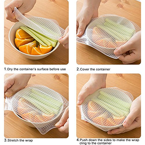 Kitchen Wonders Silicone Eco Stretch Lids, Reusable 4 Pack Food Wrap Seal Covers, Dishwasher & Microwave safe, Keep Food Fresh, Environmental Friendly Kitchen Wonders