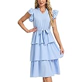 CUFEZN Womens Ruffle Tiered Midi Dress Summer Boho V-Neck Cap Flutter Sleeve Layered Cake Dress Flowy Belted Sundress