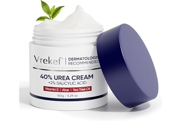 VREKEF Urea Cream 40 Percent with 2 Percent Salicylic Acid, Foot & Hand Cream for Dry Cracked Heels, Callus Softener for Feet, Exfoliating Foot Cream for Rough Thick Skin, 5.29 oz