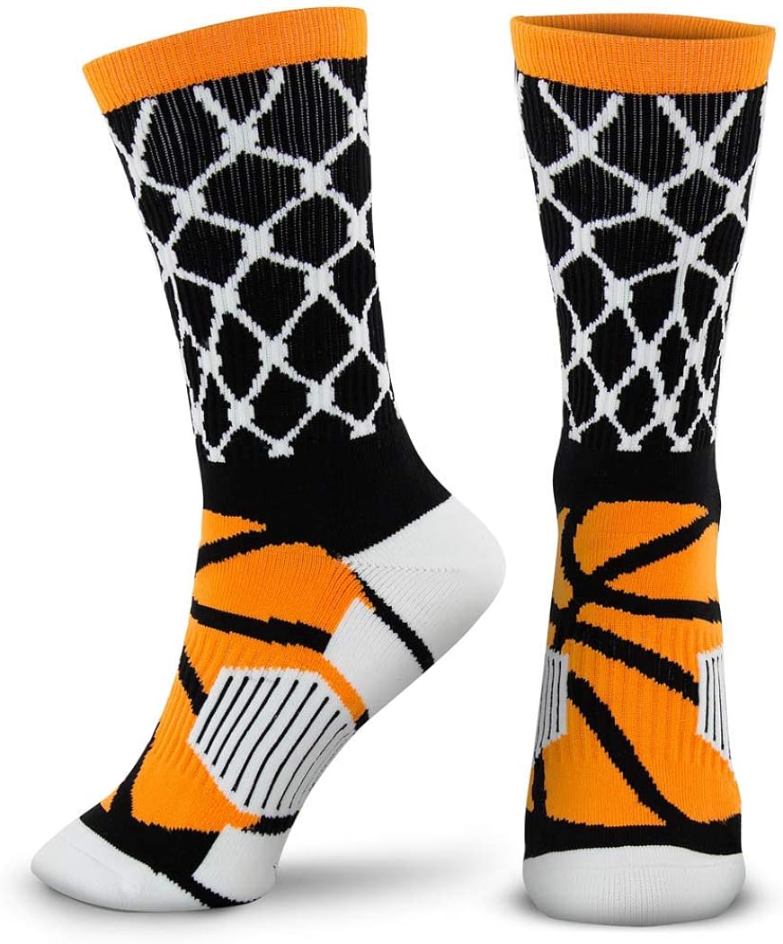 Basketball Woven Mid-Calf Socks | Hoop and Ball | Black & Orange: Clothing