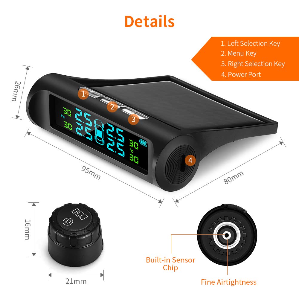 ZEEPIN TPMS Solar Power Universal Wireless Tire Pressure Monitoring System with 4 DIY External Sensors(0bar-6.82bar/0 psi - 99 psi) & Real-time Displays 4 Tires\' Pressure and Temperature