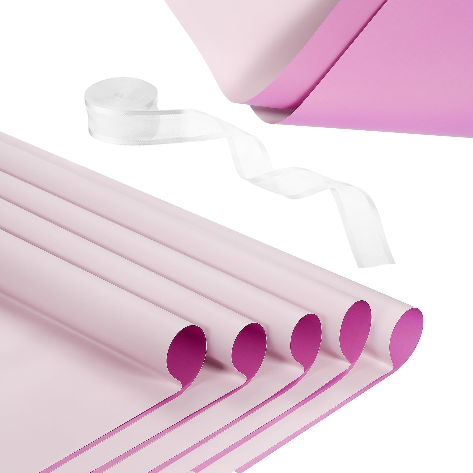 PATIKIL 20 Sheets Flower Wrapping Paper, Waterproof Flower Paper Wraps with Ribbon Floral Bouquet Supplies for DIY Crafts Packaging Bouquet, 22.8x22.8 Inch, Rose Pink/Light Pink