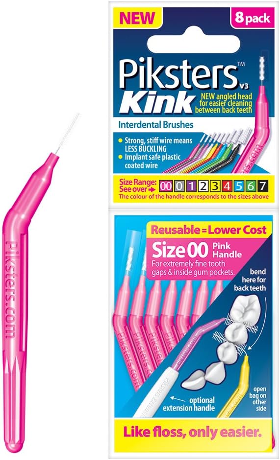 Piksters Kink Interdental Brushes - For cleaning between teeth (8 Pack, Size 00 (Pink))
