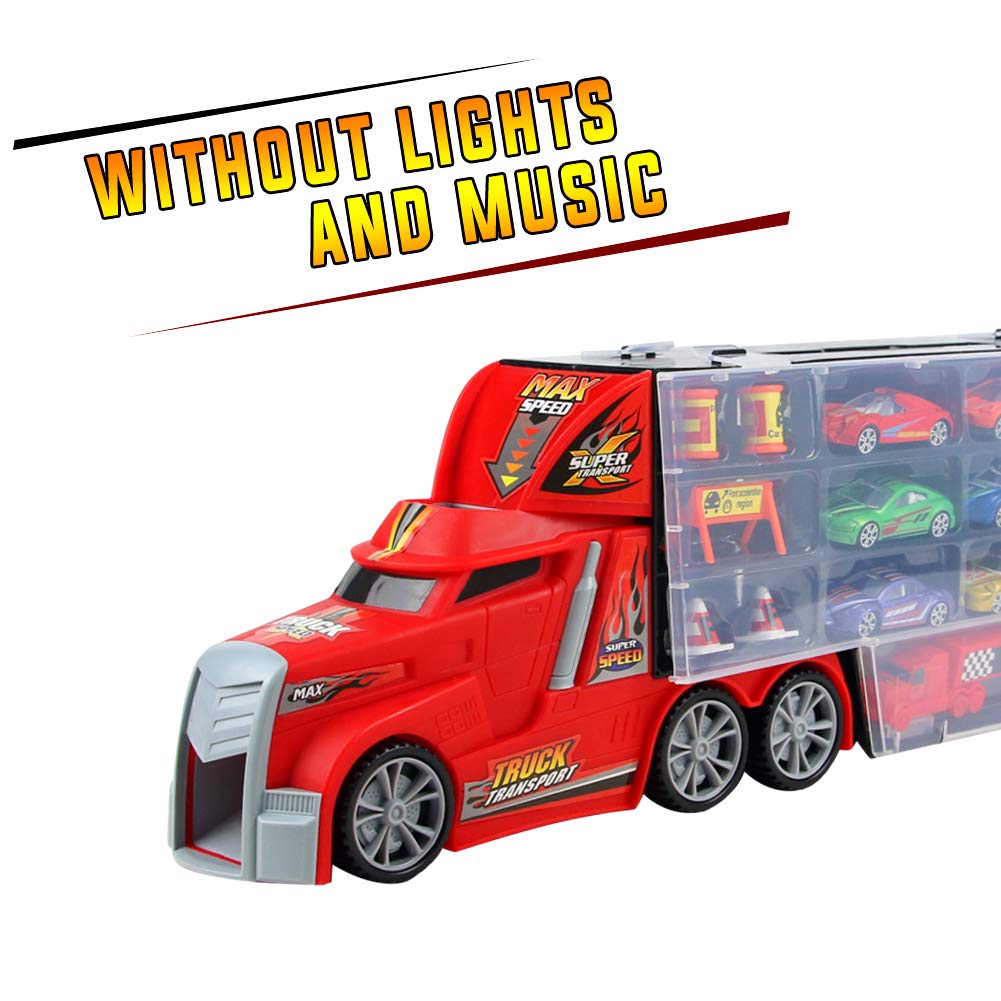 Nuheby Transporter Truck Carrycase for Cars Playset Detachable Carrier Truck Toy Cars Including 17 Mini Mental Die Cast Cars and Accessories- Car Transporter Toy for Boys & Girls 3 4 5 Years Old