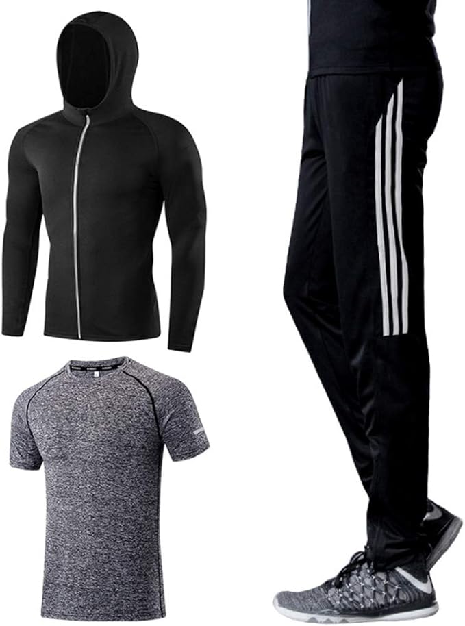 Amazon メンズ コンプレッションウェア 上下セット スポーツウェア トレーニングウェア ランニングウェア 春夏 3点セット 半袖tシャツ ロングパンツ パーカー タイツ フィットネス ジム 吸汗 速乾 通気 防臭 コンプレッショントップス 通販