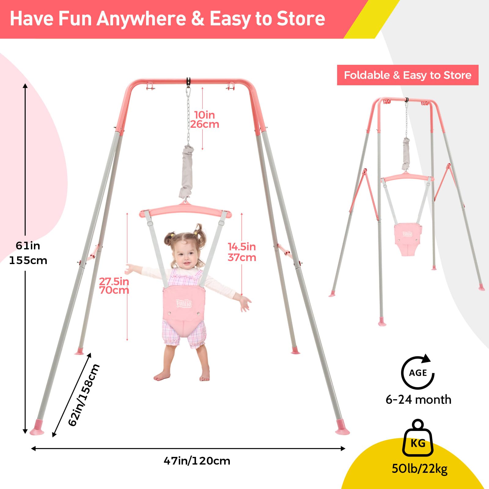 FUNLIO Baby Jumper with Stand for 6-24 Months, Infant Jumper for Indoor/Outdoor Play, Toddler Jumper for Baby Girl/Boy, with Adjustable Chain, Easy to Assemble & Store (with Stand) - Pink