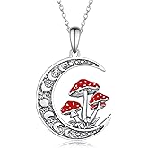 SVODEA Moon Mushroom Necklace for Women,925 Sterling Silver Magical Red Mushroom Pendant Moon Phase Necklaces,Anniversary Birthday Gifts for Women Mom,18''-20''