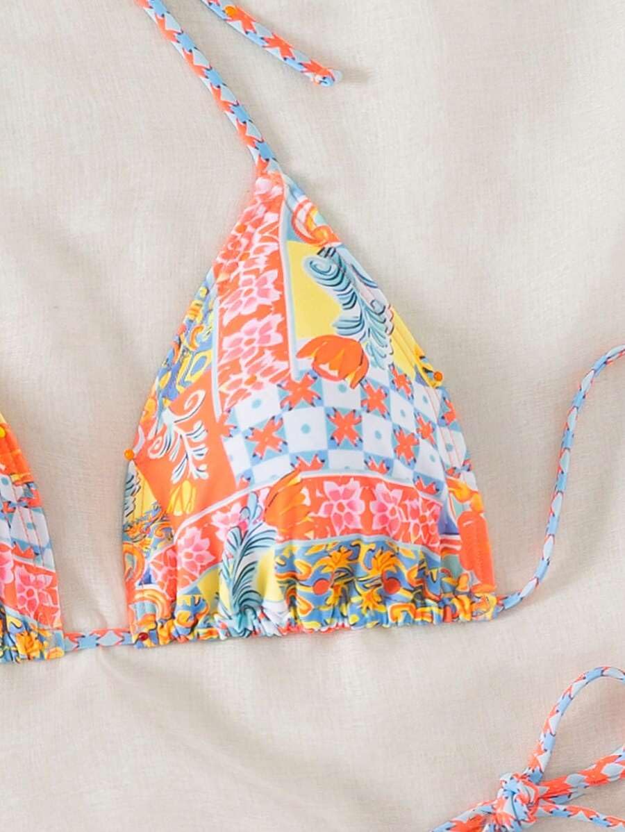 ZAFUL Triangle Bikini for Women 2 Piece Halter Bikini Sets Sexy High Cut Bathing Suit Side Tie Swimsuits Orange Tribal M - Image 4