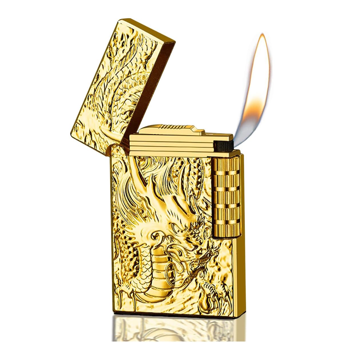 Dragon Lighters - Side Wheel Frosted, Refillable Butane, Soft Flame, Flip Top, Gold Finish - Outdoor & Camping, Men's Gifts