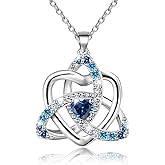 Blue CZ Celtic Knot Heart Necklace S925 Sterling Silver Trinity Love Knot Pendant Birthstones Nudo de Bruja Witches Knot Irish Jewelry Gifts for Women Mom Wife Her Birthday Christmas Anniversary