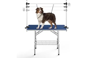 Lyromix Dog Grooming Table, Adjustable Large Pet Drying Desktop, Foldable Bathing Desk with Arms, Noose, Mesh Tray, Maximum Capacity Up to 330Lb, 36in, Navy