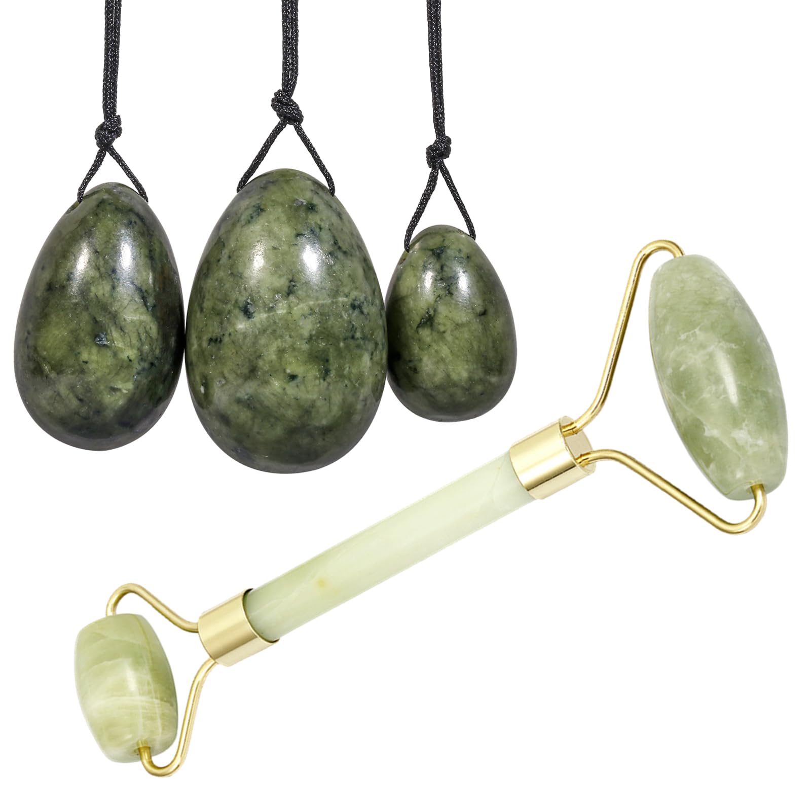 mookaitedecor Xiuyan Jade Facial Roller Massage Tool & Green Jade Yoni Eggs Set of 3, Predrilled, with Unwaxed String, Massage Stone for Women
