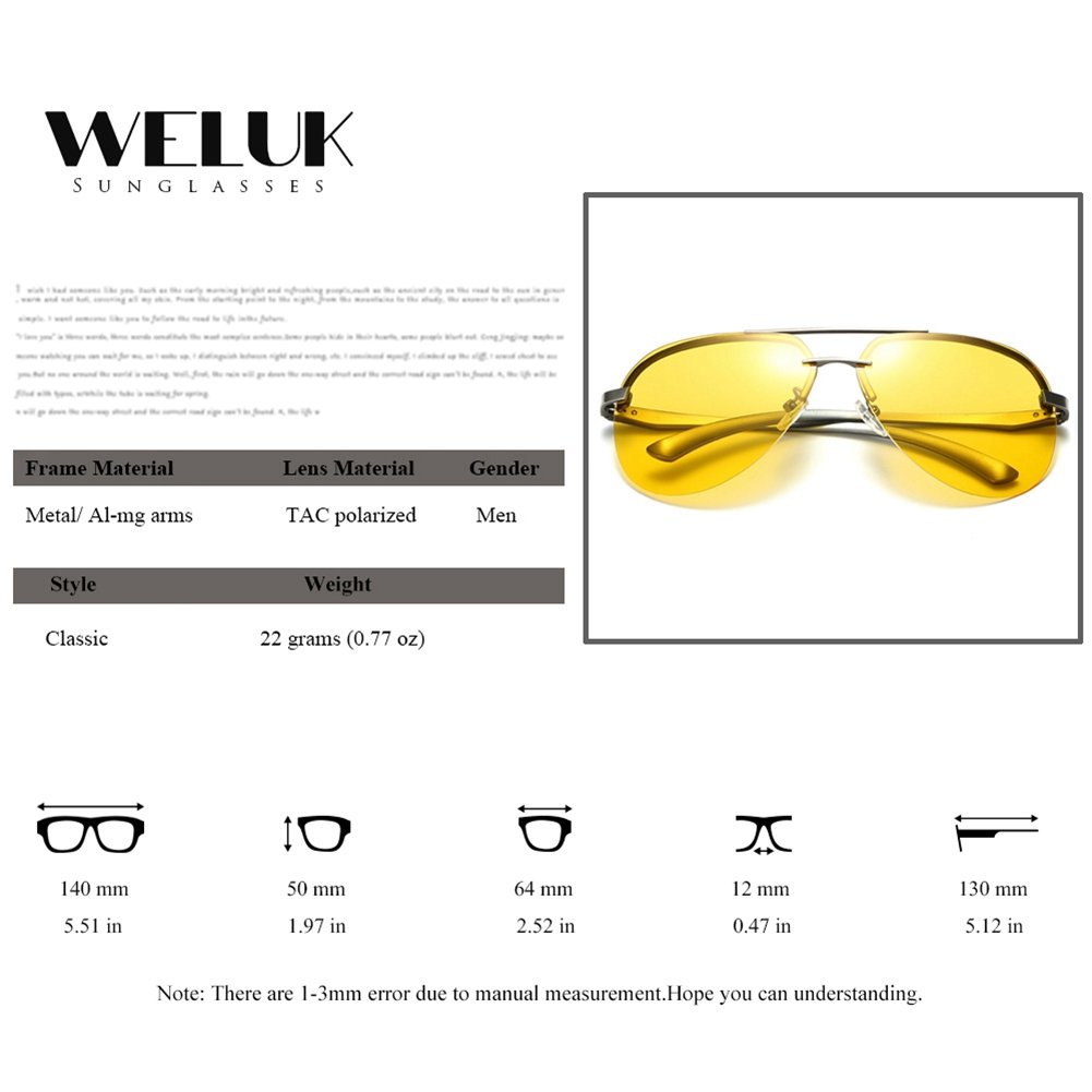 WELUK Mens Night Vision Glasses Polarized Yellow Aviator Sunglasses for Driving