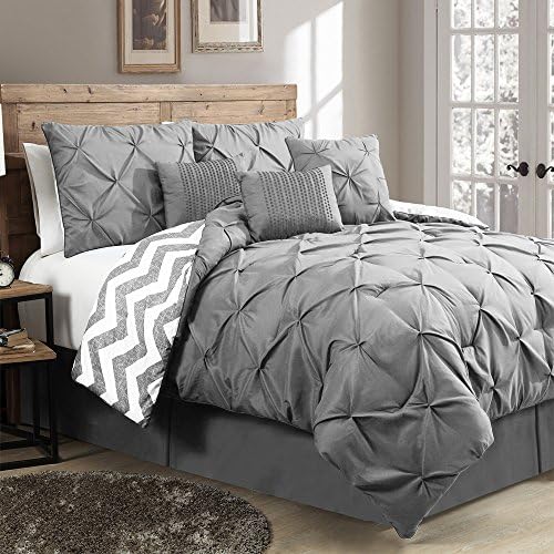 House of Hampton Stylish Premium Quality Elegant Germain Grey, King Size 7 Piece Reversible Comforter Set, 1 Comforter, 2 shams, 3 decorative pillows, and 1 bed skirt