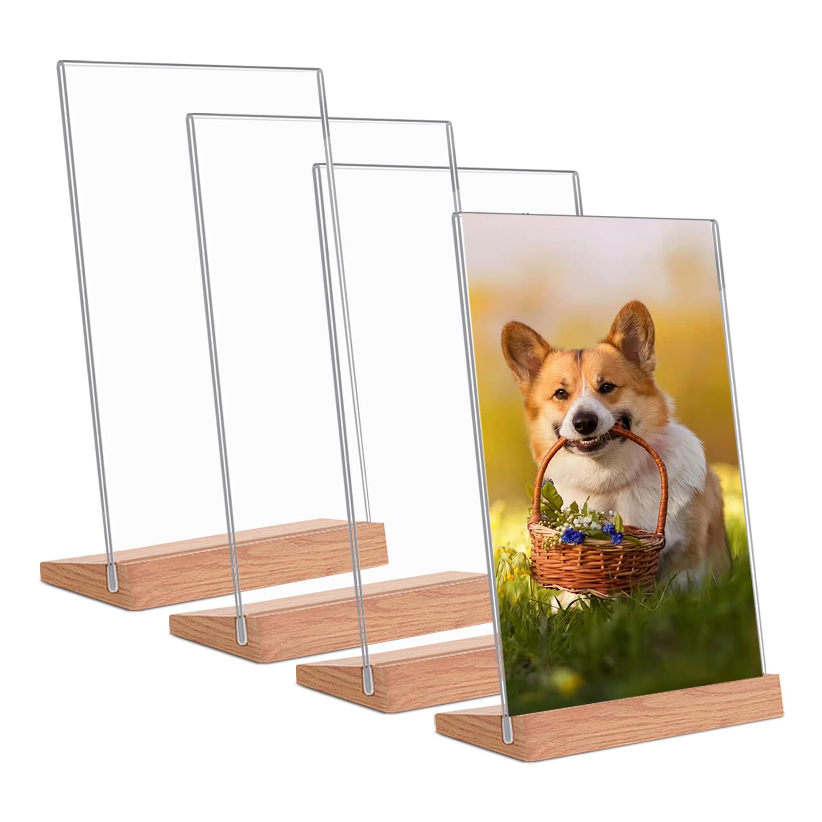 Andchi 4pcs Table Display Stand Acrylic Sign Holders, L-Shape Table Price Menu Stands Wooden Base Menu Holders for Restaurants, Office (A6 vertical) — image 1