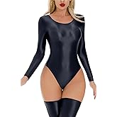 FEOYA Women’s Shiny Long Sleeve Bodysuit Metallic Stretchy Leotard Glossy Sheer Bodysuit