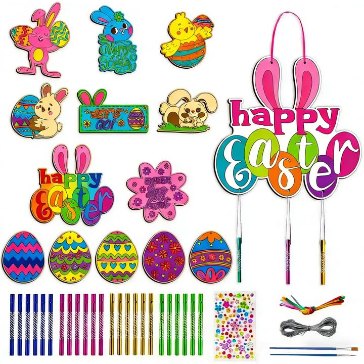 Satiskid 13 Pack Easter Painting Craft for Kids, DIY Wooden Bunny Eggs Chicks Wind Chime Craft Set for Kids, Easter Craft Decorations, Make You Own Rabbits Wind Chime Ornaments