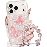 Changjia for iPhone 17 Pro Max Glitter Butterfly Case,Cute Girly 3D Flowers Floral Pearl Bling Sparkle with Wrist Strap Chain Soft TPU Aesthetic Women Girls Phone Case for iPhone 17 Pro Max 6.9", Pink