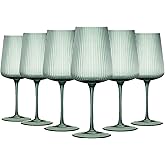 Ripple Colored Wine Glasses - Set of 6 Ribbed Crystal Fluted Big Long Stemmed Glasses Gift Hosting, Wife, Mom Friend - Large 19 oz Glass, Italian Style Tall Drinkware, Vintage Style Drinking (Green)