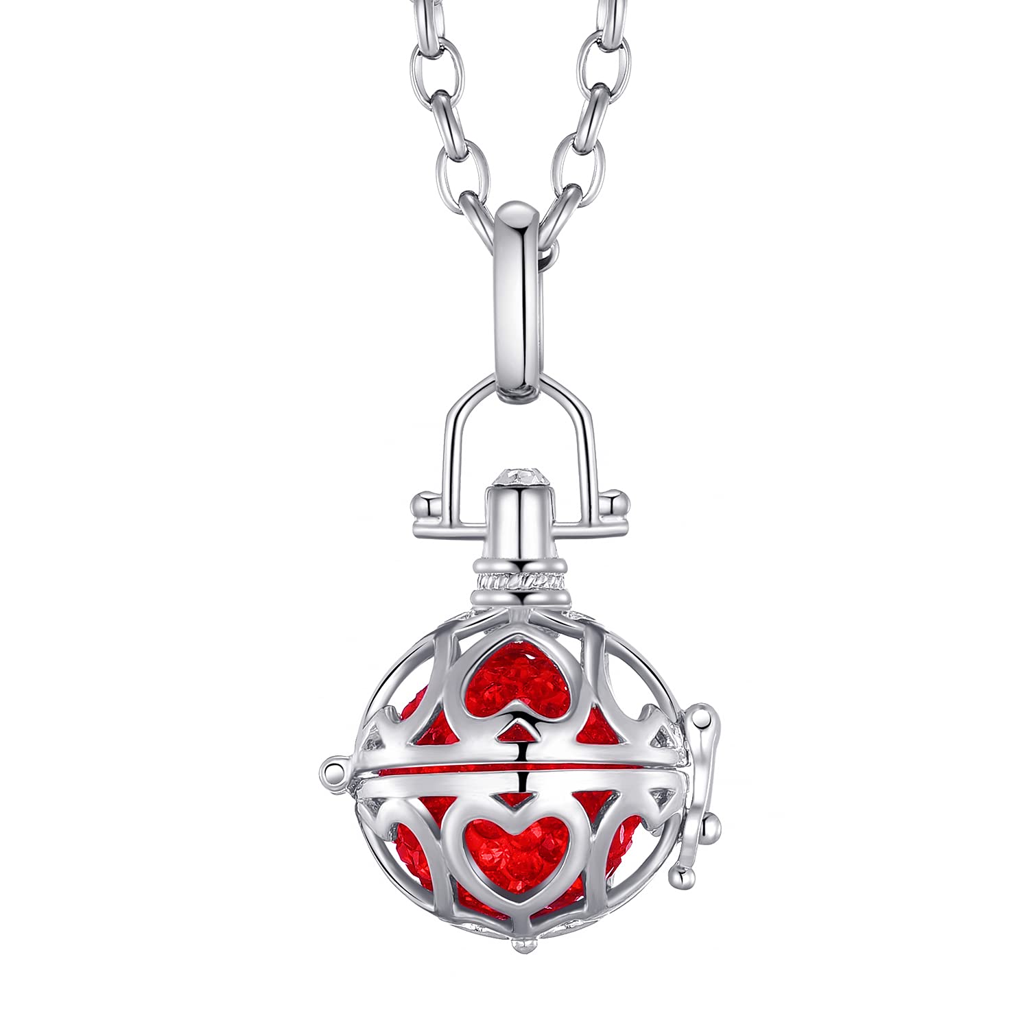 Morella Women Necklace Stainless Steel 70 cm 27,5" with Ornament of Hearts Pendant with Sound Ball Zirconia Red Ø 16 mm 0,63" in a Velvet Jewelry Bag