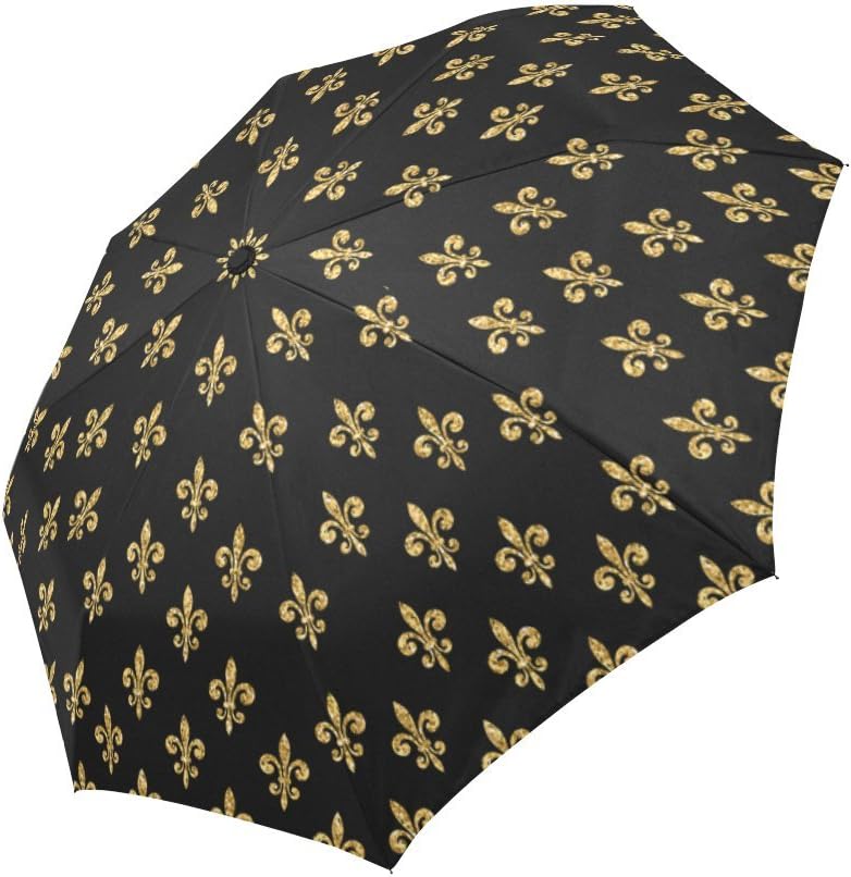 Amazon Com Interestprint Gold Not Real Glitter Fleur De Lis Floral Windproof Automatic Open And Close Folding Umbrella Travel Lightweight Outdoor Umbrella Rain And Sun Garden Outdoor