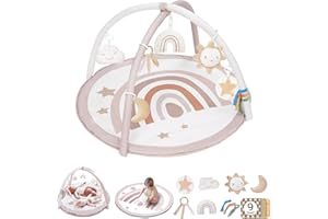 LITTLE DOVE Baby Play Gym Mat, Tummy Time Activity Mat with 7 Detachable Toys and 12 Milestone Cards for Stage-Based Sensory and Motor Skill Development, Washable Play Mats for Infant, Newborn Baby Essentials
