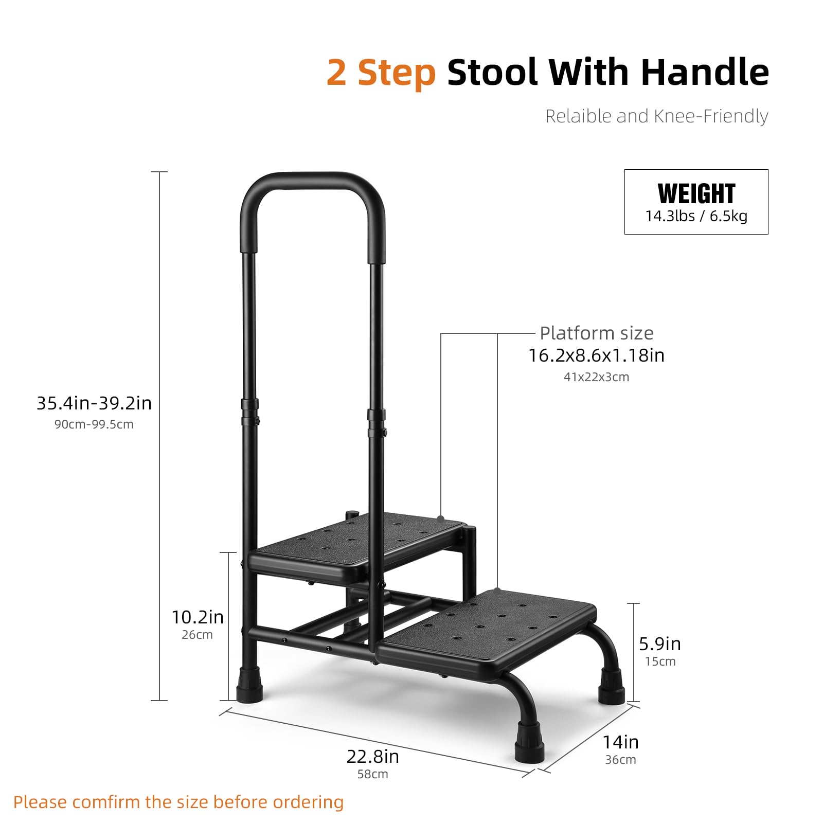 Step Stool with Handle, Non Slip Platform and Adjustable Handrail, Two Step Stool for Ederly, Adults and Handicap, Heavy Duty Foot Stool for High beds, Kitchen, Bathtub