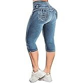 Flamingals Blue Skinny Jeans for Women Stretchy Mid Waist Butt Lifting Trendy Denim Capris