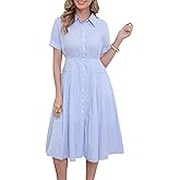 utcoco Women's 2025 Trendy Casual Striped Button Down Shirt Dress Elastic Waist Short Sleeve Midi Dress