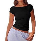 Mousnipy Women's Sexy Boat Neck Short Sleeve Baby Tees Soft Cotton Summer T-Shirts