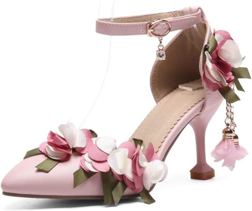 Women Flower High Heel Sandals Ankle Strap Pointed Toe Thin Heel