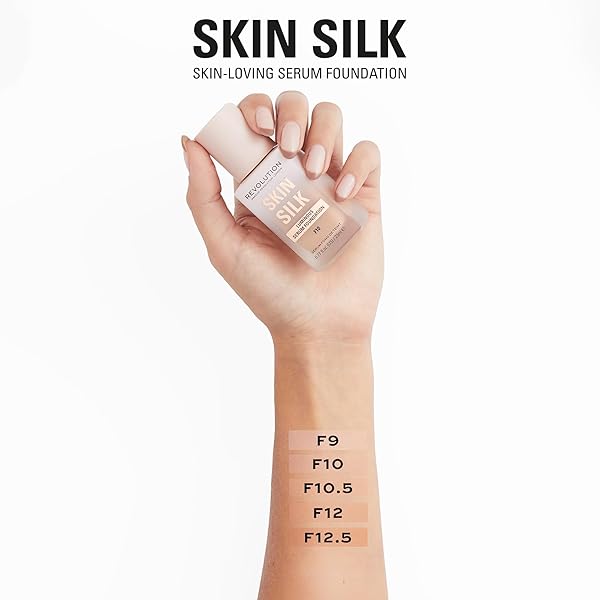 REVOLUTION SKIN SILK RADIANT SATIN SERUM FOUNDATION, BUILDABLE COVERAGE WITH HYDRATING HYALURONIC ACID FOR A NATURAL FINISH, VEGAN & CRUELTY-FREE, F12C TAN SKIN TONES, 0.77 FL OZ