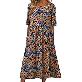 Womens Summer Boho Floral Flowy A Line Midi Dress Casual Loose Short Sleeve Beach Vacation Dresses with Pocket